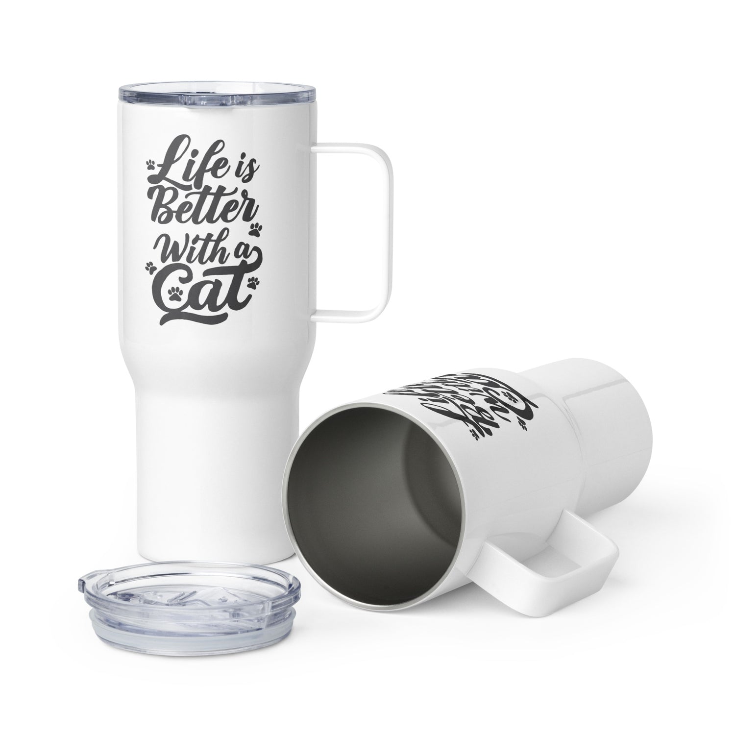 Life is Better with a Cat White Travel Mug with a handle